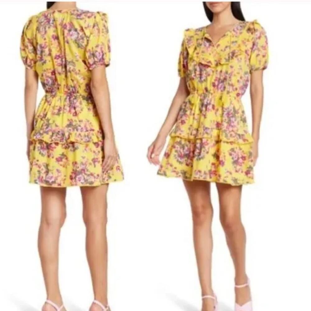 NWT Maisie Yellow Puff Sleeve Tie Neck Floral Mini Cotton Dress